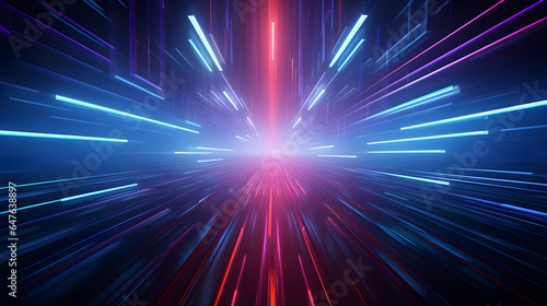 Abstract technology futuristic glowing neon blue and pink light lines with speed motion moving on dark blue background