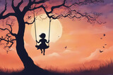 Silhouette of a child riding a swing hanging from a tree branch.
