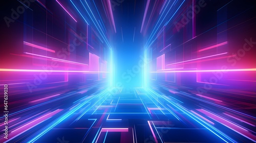 Abstract technology futuristic glowing neon blue and pink light lines with speed motion moving on dark blue background