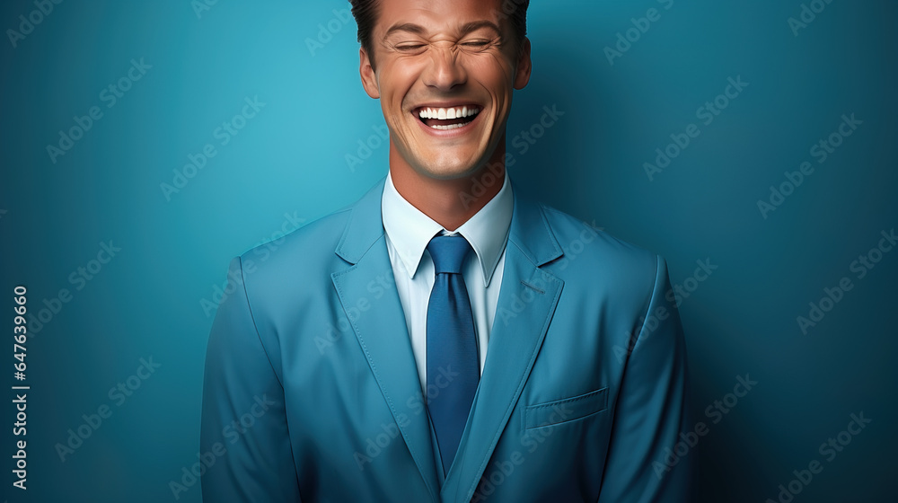 Studio shot of Extremely happy businessman in blue suit Studio shot of Extremely happy businessman in blue suit