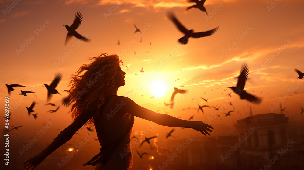 freedom concept with woman whishing to be free like the birds that fly in the sky