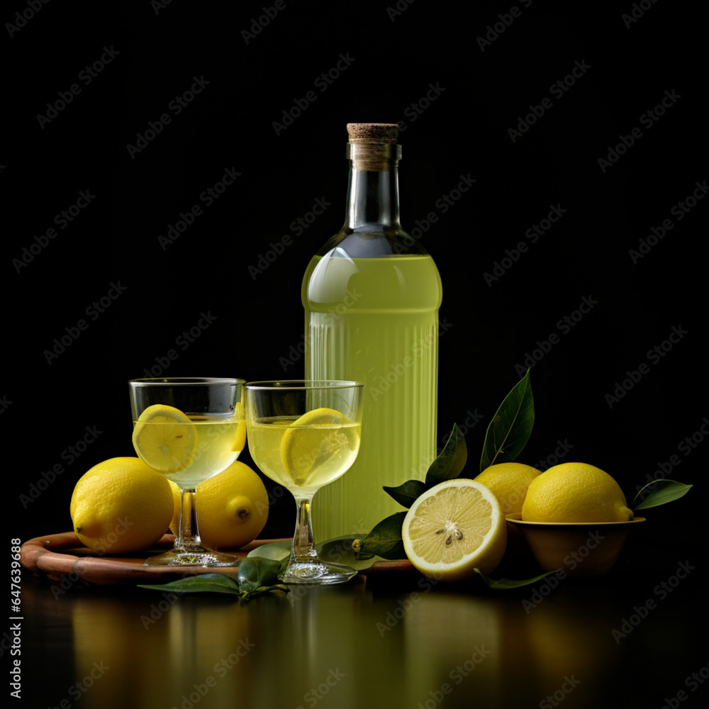 Fotografia de botella de cristal y vasos con limoncello, con trozos de limon, sobre fondo negro