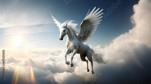 Pegasus horse with wings flying up in the sky