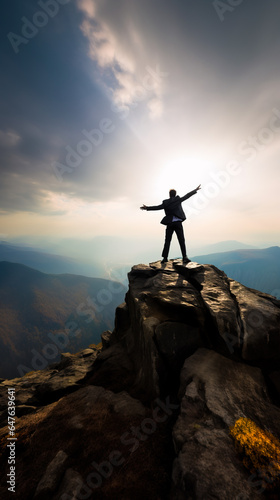 Super excited businessman felling like on top of the world
