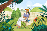 Woman having rest in garden outdoors. Vector card