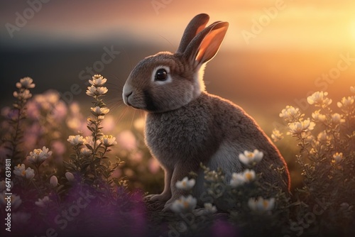 Hare on the background of the sunset. Rabbit in a flowering meadow. AI generated