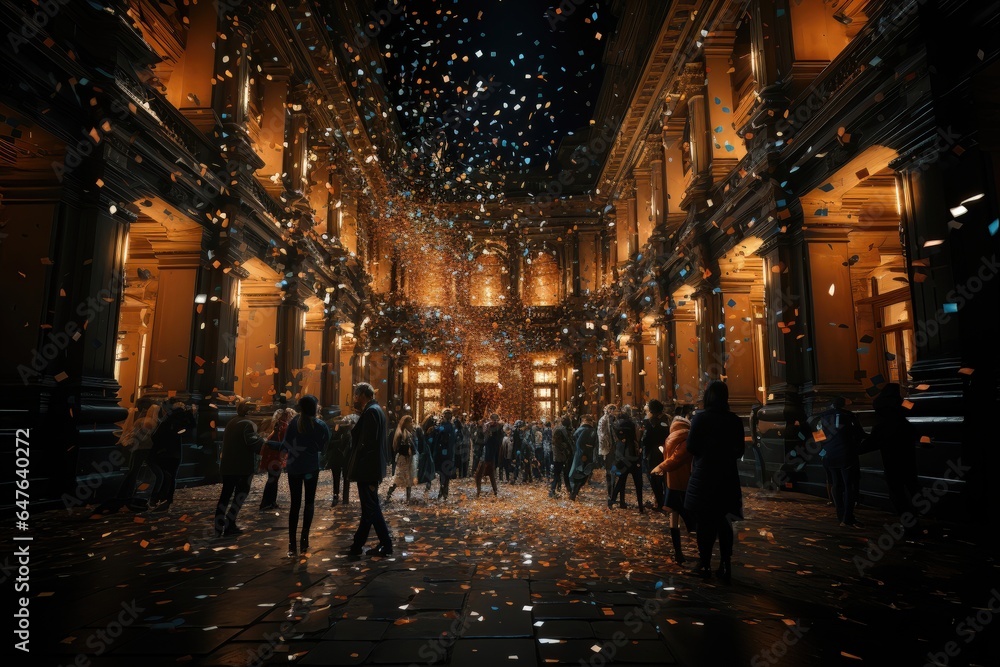 A festive backdrop featuring a courtyard filled with cheering people as confetti cascades from above, creating a jubilant and celebratory atmosphere. Illustration