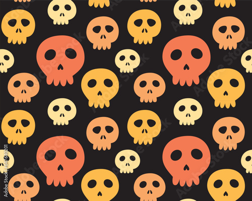 Seamless pattern with cute colorful skulls. Vector halloween background in cartoon style.
