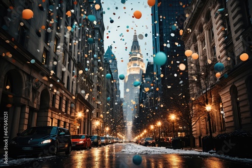 A festive background image portraying colorful balloons soaring from a city street on a winter day, adding a whimsical touch to the urban landscape. Photorealistic illustration