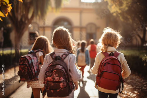 Back view of three schoolchildren with backpacks walking on the street