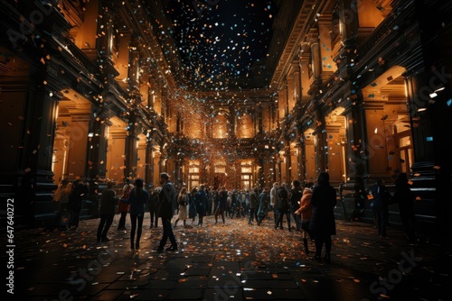 A festive backdrop featuring a courtyard filled with cheering people as confetti cascades from above, creating a jubilant and celebratory atmosphere. Illustration