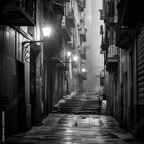 Fotografia de calle estrecha con escaleras, entre edificios antiguos, con iluminación encendida, en blanco y negro