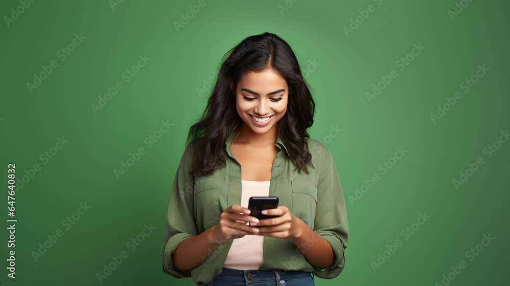 Woman looks at her cell phone with a smile isolated on green background Woman looks at her cell phone with a smile isolated on green background