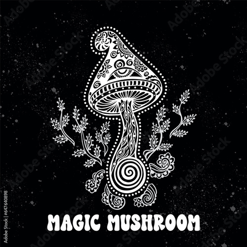 Magic Mushrooms. psychedelic black. Vector illustration. Zen Boho art. Decorative mushrooms, hippie, hallucination psilocybin 60s 70s