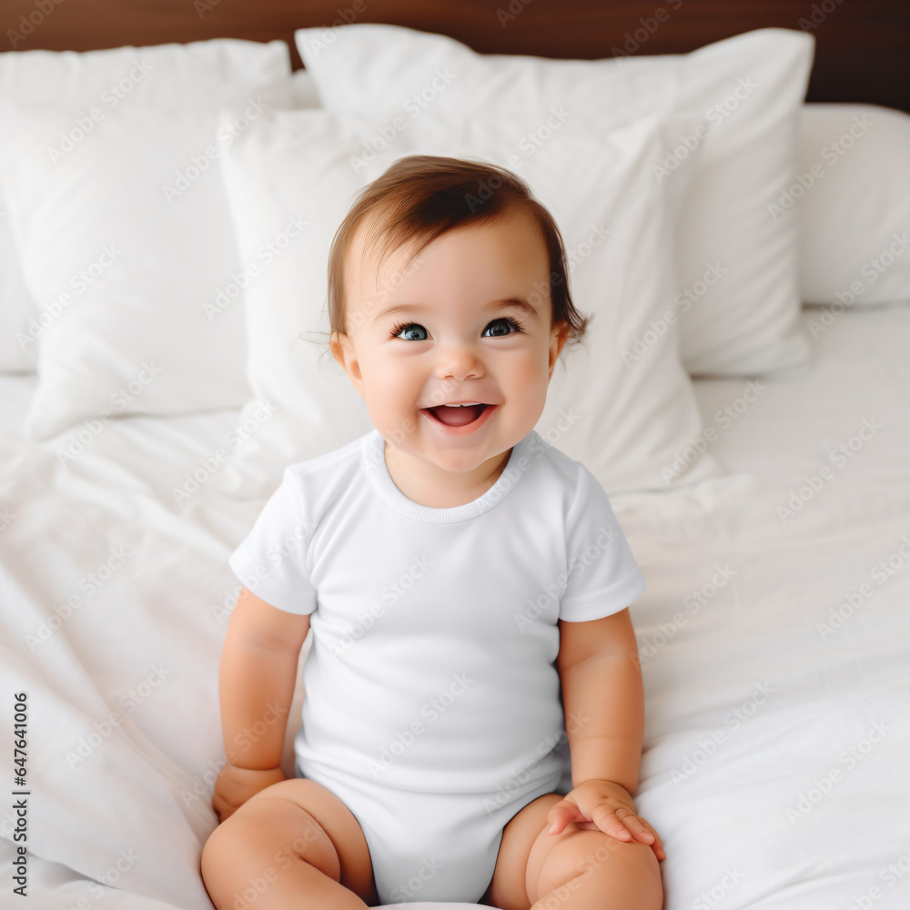 laughing baby in a white bodysuit on a bed