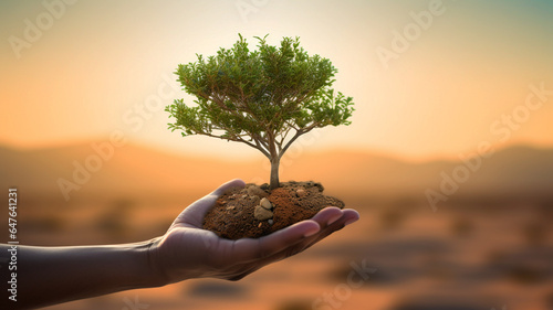 hand holding big tree growing in desert