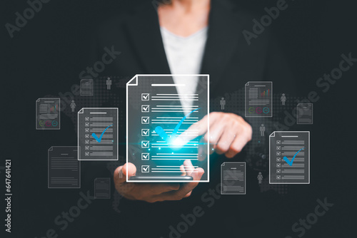 Document management and technology concept, Businesswomen check electronic documents on smartphones online evaluation of business on virtual interface global structure customer network technology