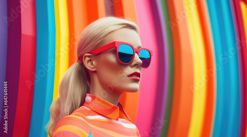 young woman in sunglasses against colorful wall