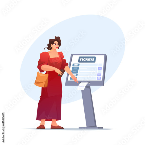 Vector woman buys ticket at self service terminal.