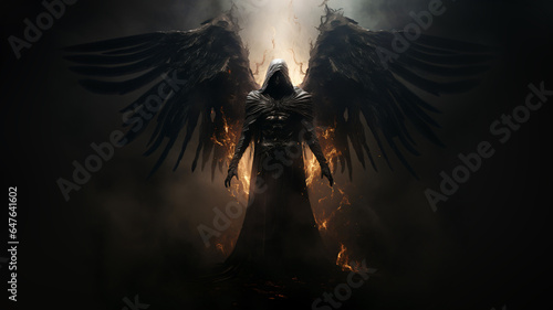 Death with wings in fire, dark mystical atmosphere