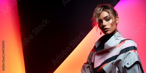 Androgynous model in reflective geometric attire isolated on a neon gradient background 