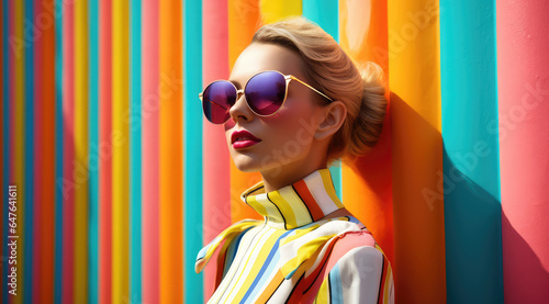 young woman in sunglasses against colorful wall