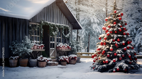 Festive Outdoor Delight, Snow-kissed Christmas Tree and Winter Holiday Decorations © NE97
