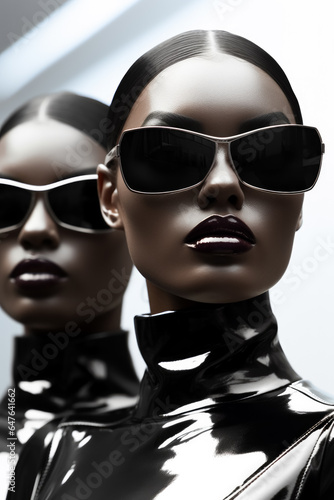 Androgynous models in monochrome metallic fashion futuristic background with empty space for text 
