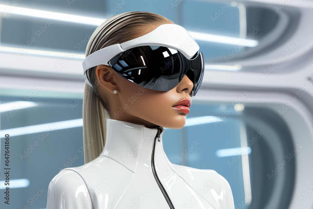 Cybernetic fashion model in sleek monochrome outfit isolated on a futuristic gradient background Cybernetic fashion model in sleek monochrome outfit isolated on a futuristic gradient background