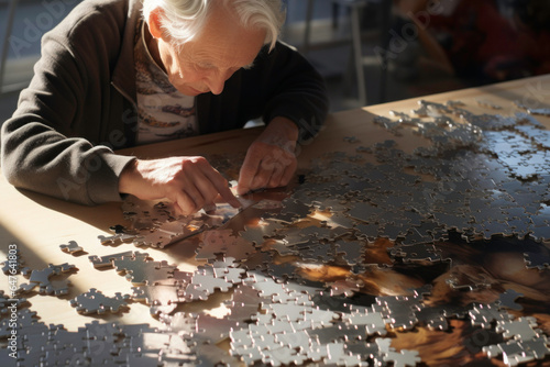 Senior man playing puzzles. Retired man looking for right puzzle piece. Training memory, brain development. Beneficial activity