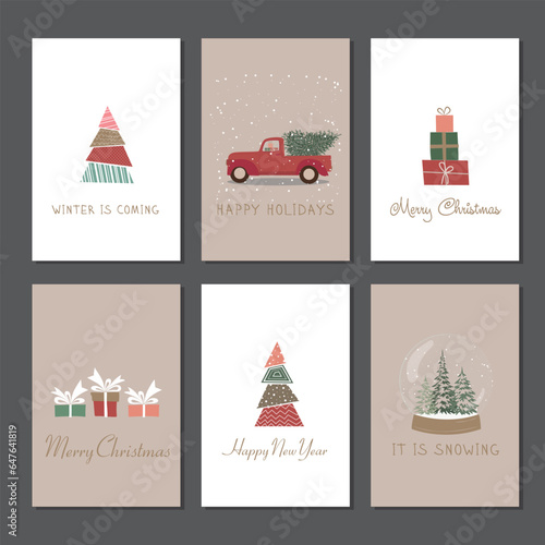 Set of winter postcards. Gifts, a Christmas tree, a car, a magic ball. Christmas card. Happy New Year card
