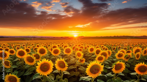 beautiful sunflower field at the sunset