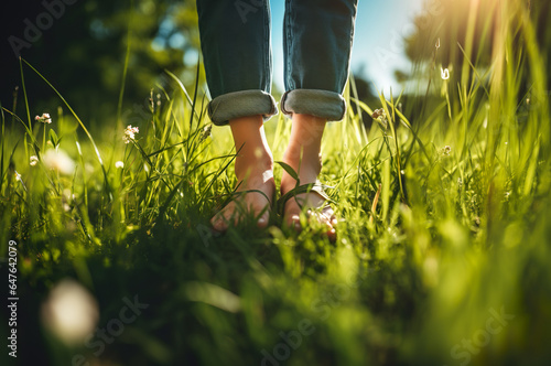 Close up photo of feet on the green grass