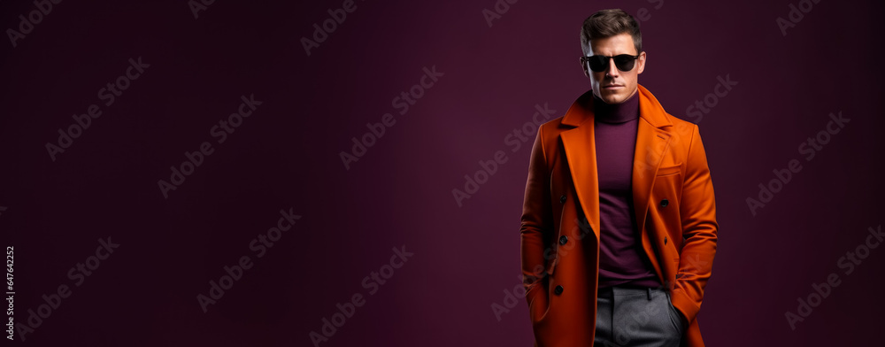 Fashion week male model isolated on gradient background with a place for text  - obrazy, fototapety, plakaty 