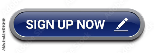 blue signup now button with pen icon vector design for decorate you website, UI UX ,mobile application, EPS10 isolated on white background.