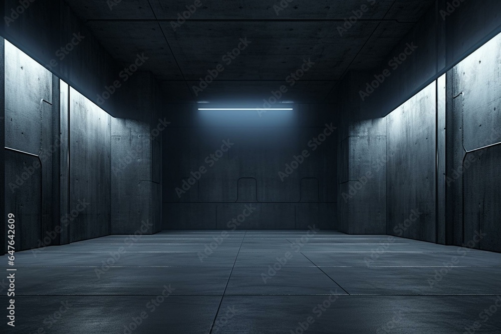 Futuristic warehouse with vibrant lights, gritty concrete walls, tunnel corridor. Generative AI