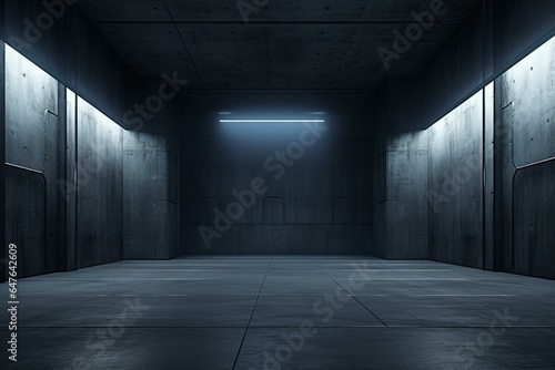 Futuristic warehouse with vibrant lights, gritty concrete walls, tunnel corridor. Generative AI © Greer