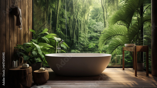 home interior design concept contemporary natural theme concept design bathroom bathtub with wooden material with garden view background.