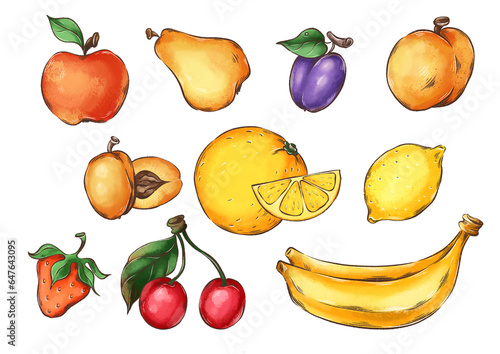 Illustration set of fruits painting freehand drawing