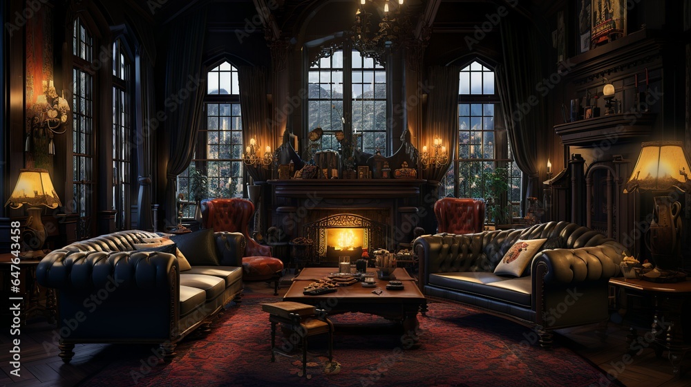 Dark gothic living room interior with huge fireplace cozy living space with rich furnishing Dark gothic living room interior with huge fireplace cozy living space with rich furnishing