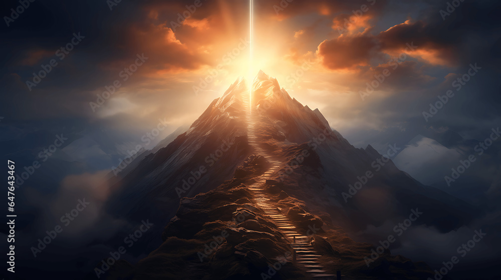 Path leading up to the mountain being light up to to indicate the journey, light shinning down at the mountain top. Generative Ai