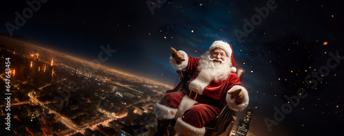 Photo of Santa Clause fly above city