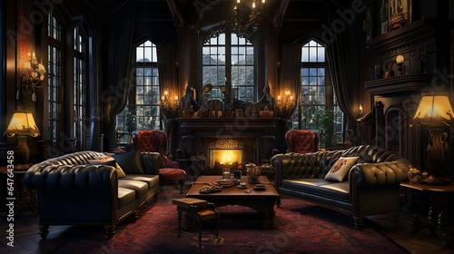 Dark gothic living room interior with huge fireplace cozy living space with rich furnishing © Nordiah