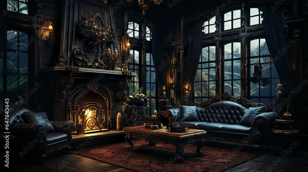 Dark victorian mansion living room with curtain and cozy fireplace with huge windows