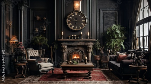 Dark gothic living room interior with huge fireplace cozy living space with rich furnishing