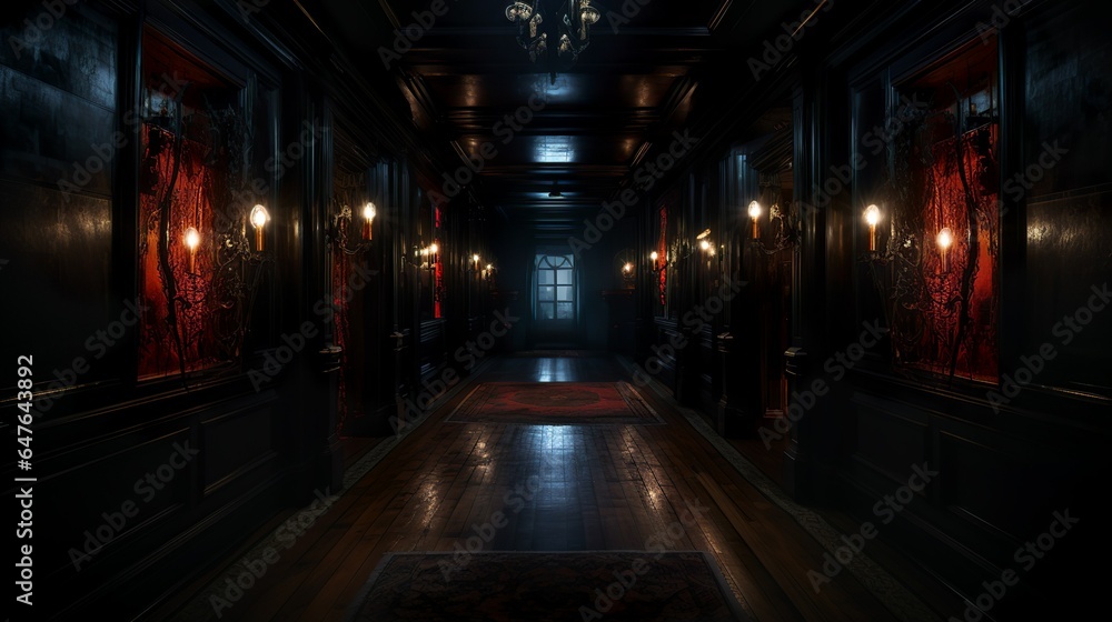 Dark victorian mansion hallway with gloomy lights and carpet in steampunk style Dark victorian mansion hallway with gloomy lights and carpet in steampunk style