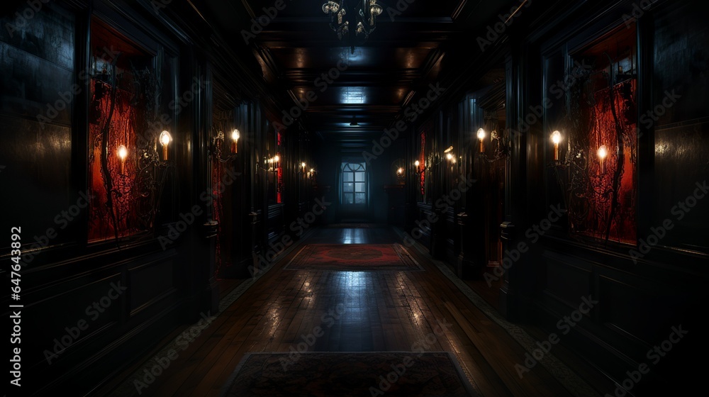 Dark victorian mansion hallway with gloomy lights and carpet in steampunk style