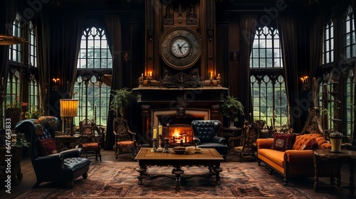 Dark victorian mansion living room with curtain and cozy fireplace with huge windows