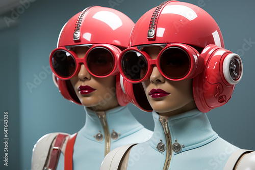 Radically chic robots embracing avant-garde fashion accented by minimalist space age accessories  photo