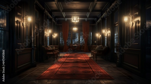 Dark victorian mansion hallway with gloomy lights and carpet in steampunk style © Nordiah